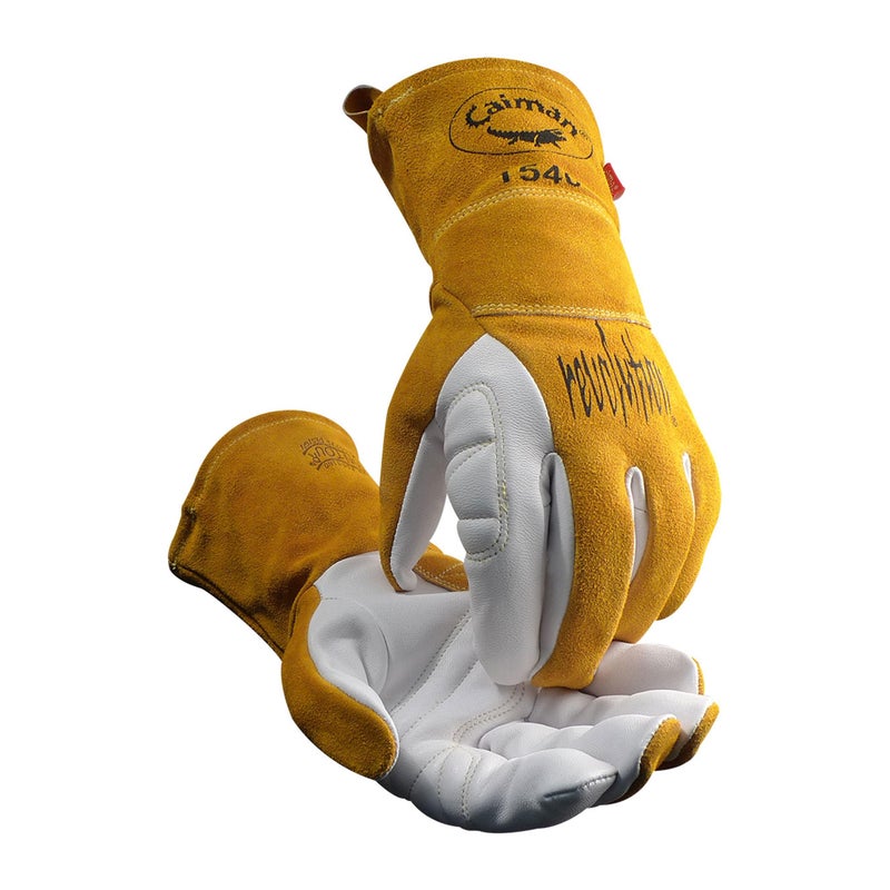 Caiman Premium Goat Grain TIG/Multi-Task Welding Gloves, Split Cowhide Back, 4-Inch Extended Cuff, White/Gold, X-Large (1540-6) - Image 1